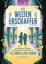 „Die Welten Erschaffer“ in großer Schrift. Zwei Figuren gehen Hand in Hand im Wald. Bäume und Fantasiewesen umgeben sie.