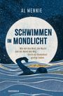 "Schwimmen im Mondlicht" von Al Mennie: Ein Schwimmer im Wasser, Mond im Hintergrund, blaue und goldene Farbtöne.