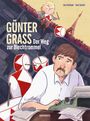 „GÜNTER GRASS Der Weg zur Blechtrommel“. Illustration zeigt einen Mann an einer Schreibmaschine, umgeben von Trommeln.
