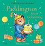 Text: "Michael Bond & Karen Jankel Paddington feiert Geburtstag". Illustration: Paddington trägt einen Partyhut und hält eine Geburtstagstorte.