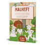 Der Text lautet: „MALHEFT: LEBEN AUF DEM BAUERNHOF. MIT BIBELVERSEN.“ Illustration von Kindern, Tieren und einer Scheune.