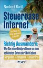 "Steueroase Internet", "Richtig Auswandern", "sorgenlos", "entspannt", "steuerfrei". Strand mit Palmen und Person mit Laptop.