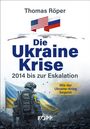 „Die Ukraine Krise 2014 bis zur Eskalation.“ Ein Soldat vor einer ukrainischen Flagge mit US- und Russland-Flaggen darüber.