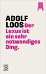 Text: "ADOLF LOOS Der Luxus ist ein sehr notwendiges Ding." "JUNG UND JUNG." Oben rechts ein stilisiertes Stuhl-Icon.