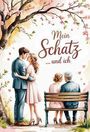 „Mein Schatz ... und ich“. Illustration eines jungen und älteren Paares unter blühenden Kirschbäumen.