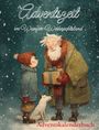 „Adventszeit im Wunder-Weihnachtsland“ und „Adventskalenderbuch“. Ein alter Mann gibt einem Kind ein Geschenk, Hund dabei.