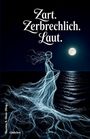 Zart. Zerbrechlich. Laut. Illustration einer Frau aus Licht vor einem Vollmond über dem Meer.