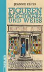„FIGUREN IN SCHWARZ UND WEISS“, Jeannie Ebner. Eine Frau in Blau steht vor einem Buchladen mit der Aufschrift „LITERATUR“.