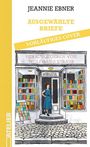 "JEANNIE EBNER, AUSGEWÄHLTE BRIEFE, VORLÄUFIGES COVER" in Gelb, Frau in blauer Kleidung vor einem Buchladen mit Büchern.