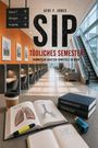 Text: "Ebene 7, Röntgen, Ausgang", "GERI F. JONES", "SIP", "TÖDLICHES SEMESTER", "Kommissar Gratzer ermittelt in Wien", "Die Lunge", "Die Trachea", "PHARMAKOLOGIE", "TOXIKOLOGIE", "SIP".  
Szene: Moderne Bibliothek, Treppe, Bücher, Notizbuch, Inhalator.