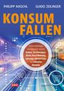 „Konsumentenfallen“ in Orange. Themen: Banken, Versicherungen, Reisen. Dynamischer Hintergrund, Einkaufswagen-Symbole.