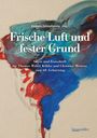 Text: Frische Luft und fester Grund. Illustration: Farbige Pinselstriche in Blau und Rot auf beigem Hintergrund.