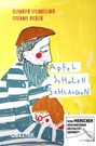 Der Text in blauen Buchstaben lautet: "Apfel Schalen Schlangen". Illustration von einer Person mit Bart und Kind.