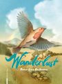 „Wanderlust“ und „Fiona-Livia Bachmann“ in heller Schrift. Illustration eines Vogels über einer Landschaft.