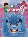 Titel: Emil & Minerva. Untertitel: Der Angriff der Blauen Berserker. Zwei Kinder und ein großes, blaues, zähnefletschendes Wesen.