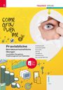 Logo "come grow with me". Ein Auge schaut durch Papier. Unternehmerische Symbole, Diagramme, Münzstapel.