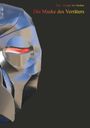 „Die Maske des Verräters“ in Rot-Gelb, metallische 3D-Maske auf schwarzem Hintergrund.