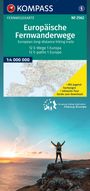 „Europäische Fernwanderwege“, Karte mit Wanderer auf Klippe, Sonnenuntergang. Enthält Logo und Landkarte Europas.