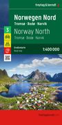 Text: Norwegen Nord, Tromsø, Bodø, Narvik, Straßenkarte 1:400 000. Landschaft mit Bergen und einem Küstenort.
