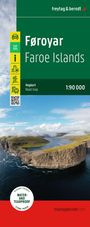 Text: „Føroyar Faroe Islands Vegkort Road map 1:90 000“. Oben grünes Design, unten Landschaftsfoto mit Klippen.