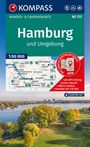 Titel: "Hamburg und Umgebung". Details: Wanderkarte, Maßstab 1:50 000, Gratis digitale Karte verfügbar. Unten Skyline mit See.