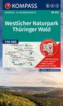 "Westlicher Naturpark Thüringer Wald", Wanderkarte mit Karte und App-Infos. Waldlandschaft mit sanften Hügeln im Hintergrund.