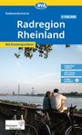 "Radregion Rheinland" in großer Schrift, darunter "Mit Knotenpunkten". Oben ein BVA-Logo, unten ein Logo mit Fahrrädern und Rhein.