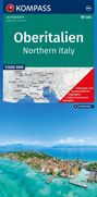 Oberitalien, Northern Italy. Karte mit Städten und Highlights. Panorama: Küste mit klarem Wasser und bunter Stadt.