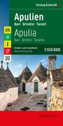 "Apulien, Bari, Brindisi, Tarent, 1:150 000. Straßen- und Freizeitkarte. Trulli-Häuser mit rundem Dach unter klarem Himmel."