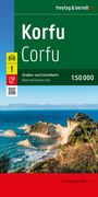 Korfu Karte 1:50 000, freytag & berndt. Küste mit blauem Meer und grüner Landschaft. QR-Code und Autopiktogramm.