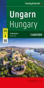 „Ungarn Hungary“ in großen Buchstaben, „Straßenkarte Road map 1:400 000“. Luftaufnahme von Budapest mit Donau und Burg.