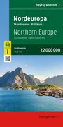 "Nordeuropa Skandinavien Baltikum Straßenkarte 1:2 000 000." Eine Küstenlandschaft mit Bergen und einem Dorf.