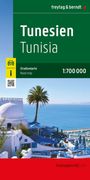 "Tunesien Tunisia 1:700 000 Straßenkarte Road map" steht auf grünem Hintergrund. Darunter Küstenblick mit Palmen.