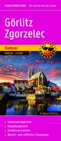 Titel: "Görlitz Zgorzelec Stadtplan". Ein sonniges Logo und ein Abendbild einer Kirche an einem Fluss.