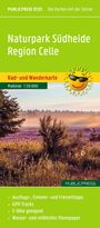 Titel: "Naturpark Südheide Region Celle". Untertitel: "Rad- und Wanderkarte". Größe: Maßstab 1:50 000. Besondere Merkmale: Ausflugs- und Freizeittipps, GPX-Tracks, E-Bike geeignet, wasser- und reißfestes Stonepaper. Hintergrund: Landschaft mit Wald und Wiese. Emoji der Sonne mit Sonnenbrille.