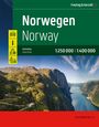 „Norwegen Norway, Autoatlas Road Atlas, 1:250 000 | 1:400 000“; Berglandschaft mit Fjord, grüner Abhang, gewundene Straße.