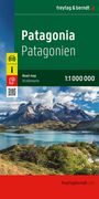 Patagonia Patagonien, Road map Straßenkarte 1:1 000 000. Illustration einer Landschaft mit Bergen und See.