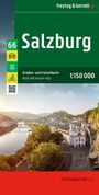 „Salzburg, Straßen- und Freizeitkarte, 1:150 000“. Oben ein grüner Bereich mit Texten, unten ein Stadtpanorama.