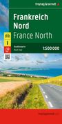 „Frankreich Nord. Straßenkarte. 1:500 000.“ Landschaft mit Küste, Feldern, Straße, blauem Himmel und Wolken.