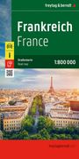„Frankreich. Straßenkarte 1:800 000.“ Oben „freytag & berndt“. Stadtansicht von Paris mit Eiffelturm im Hintergrund.