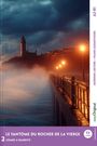 "Le Fantôme du Rocher de la Vierge", "2 Crimes à Biarritz". Ein Leuchtturm auf einer Klippe, dramatischer Himmel, beleuchtete Promenade.