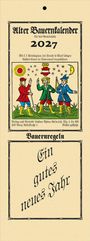 "Alter Bauernkalender 2027. Ein gutes neues Jahr. Illustration: Drei Personen mit Stäben, Sonne, Mond und Sterne."