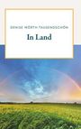 Text: "DENISE MÖRTH-TAUSENDSCHÖN. In Land." Unten ein Regenbogen über einem grünen Feld.