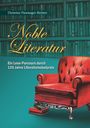 "Noble Literatur. Ein Lese-Parcours durch 125 Jahre Literaturnobelpreis." Illustration: Roter Sessel vor Bücherregal.