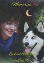 "Memories. Lyrik und Geschichten von Leonie W." Oben ein nächtlicher Himmel. Eine Frau und ein Husky lächeln.
