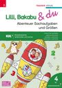 Text: "Lilli, Bakabu & du: Abenteuer Sachaufgaben und Größen". Illustrative Rakete mit Kindern und Eule, musikalische Noten.