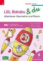 "Lilli, Bakabu & du: Abenteuer Geometrie und Raum. Illustration mit Eule, Rakete und Kindern im Fenster."