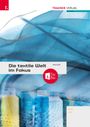 "Die textile Welt im Fokus. Hauser. Trauner Verlag Bildung." Luftige blaue Stoffe und Garnrollen mit roten Logo-Elementen.