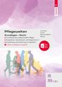 "Pflegewelten: Grundlagen + Recht. E-Book und digitales Zusatzpaket. Bunte Silhouetten von Menschen in Bewegung."