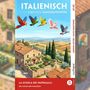 "Italienisch mit lustigen Kurzgeschichten. La Scuola dei Pappagalli - Die Schule der Papageien. Bunte Papageien über toskanischer Landschaft."